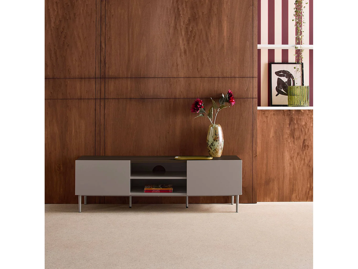 Meuble TV métal et décor bois 2 portes 140cm gris et noyer - Ashton