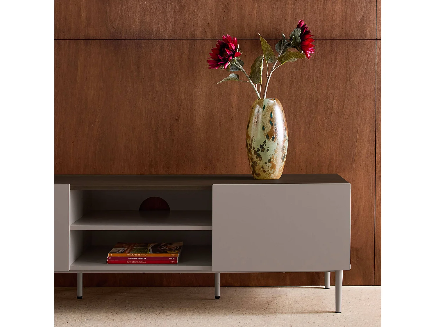 Meuble TV métal et décor bois 2 portes 140cm gris et noyer - Ashton