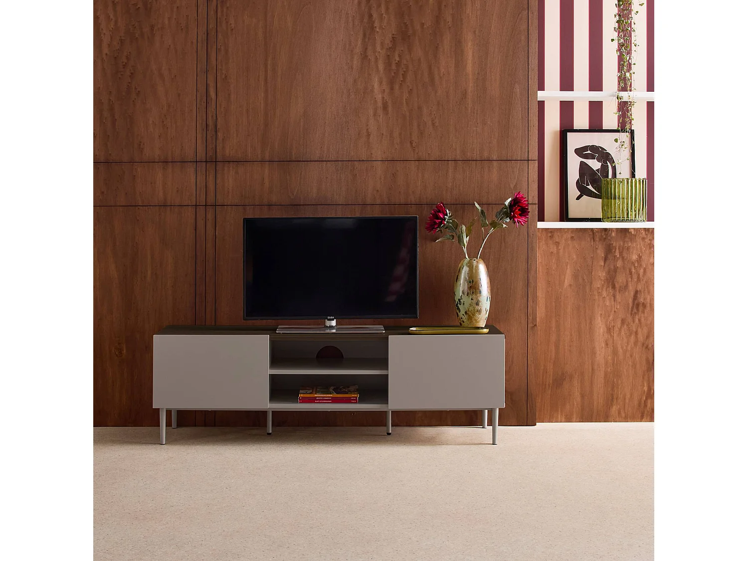 Meuble TV métal et décor bois 2 portes 140cm gris et noyer - Ashton