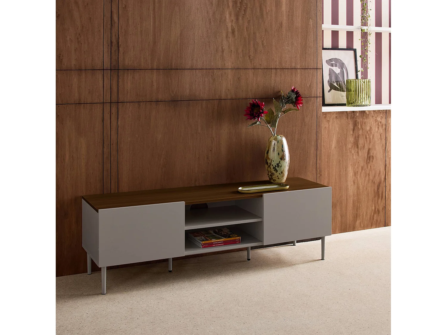 Mobile tv in metallo e decorazione in legno 2 ante, 140cm, grigio