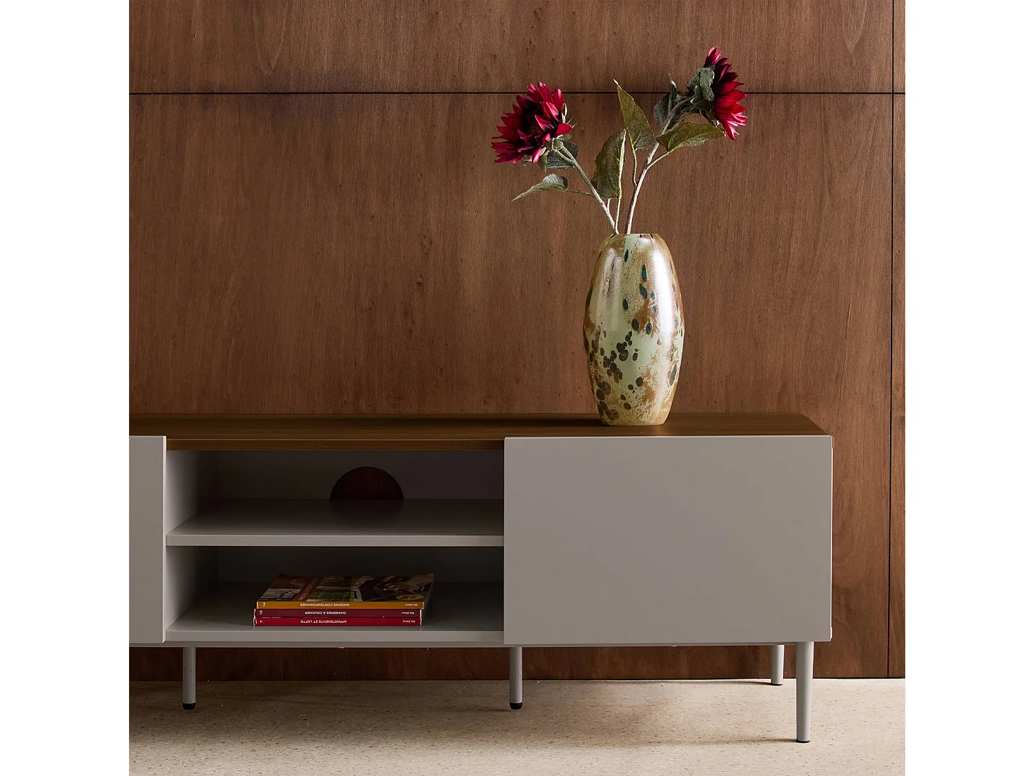 Mobile tv in metallo e decorazione in legno 2 ante, 140cm, grigio