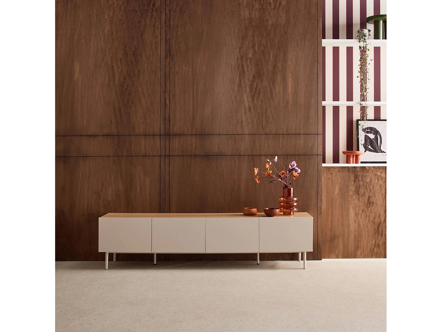 Meuble TV métal et décor bois 4 portes 180cm beige et naturel - Ashton