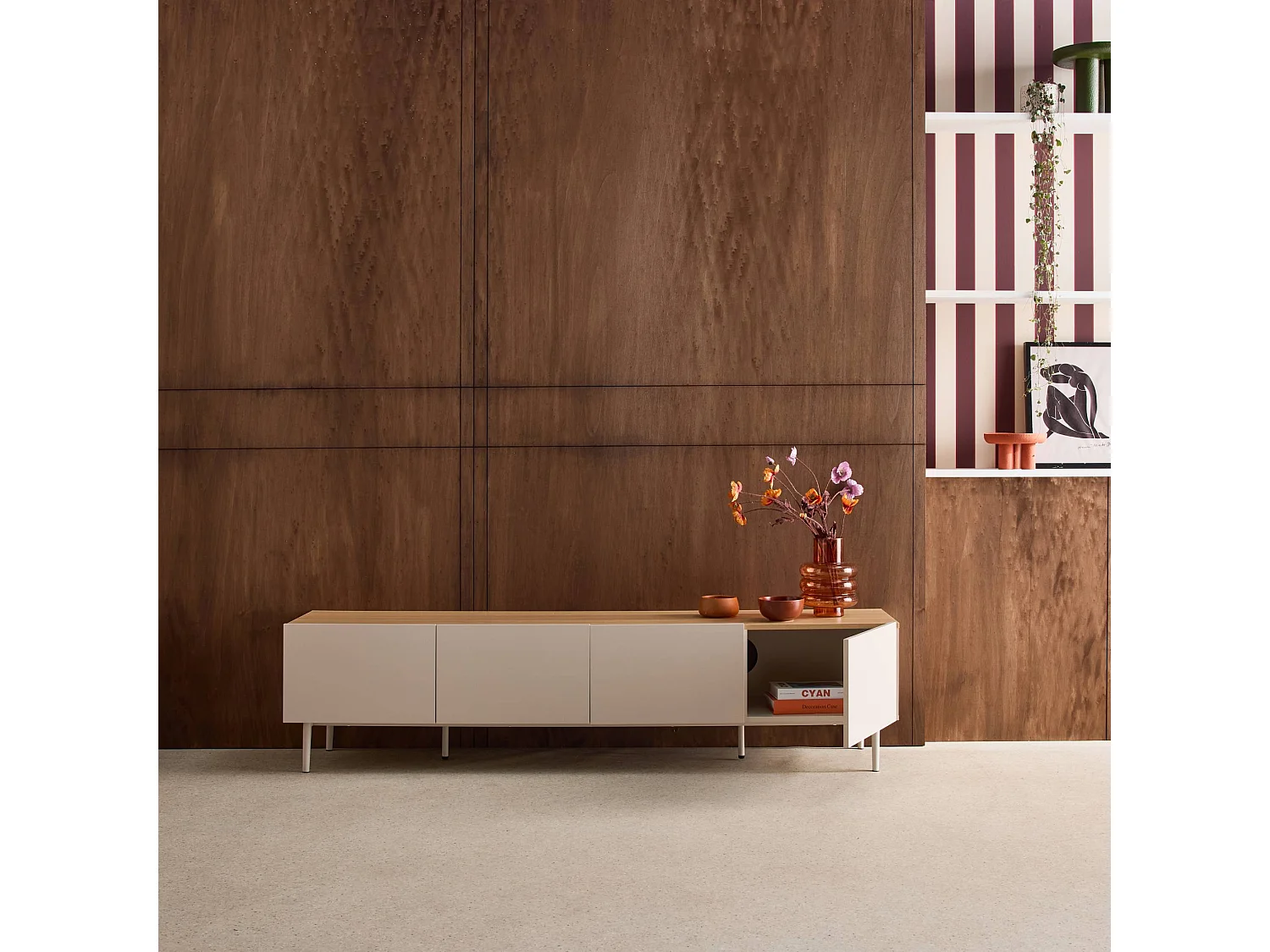 Meuble TV métal et décor bois 4 portes 180cm beige et naturel - Ashton