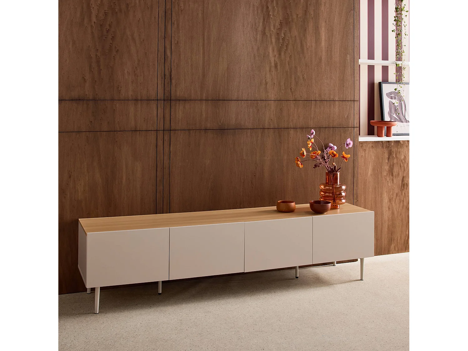 Meuble TV métal et décor bois 4 portes 180cm beige et naturel - Ashton