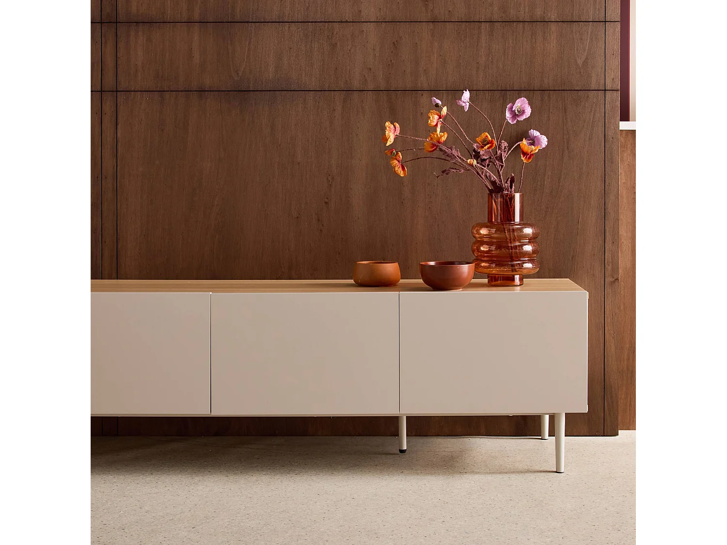 Meuble TV métal et décor bois 4 portes 180cm beige et naturel - Ashton