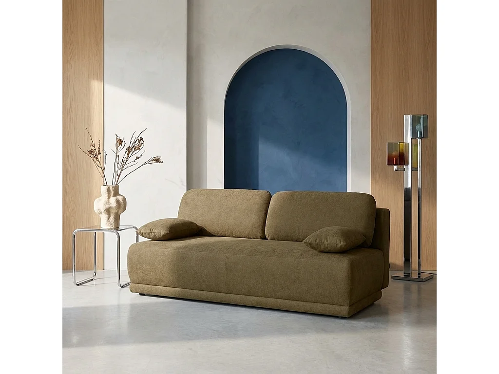 Banquette convertible 3 places tissu chenille avec coffre de rangement kaki - Nelson