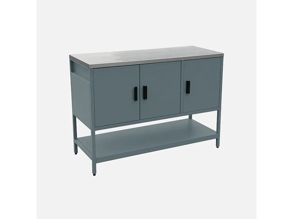 Cuisine d'extérieure en acier bleu gris 3 portes.1 étagère L120cm