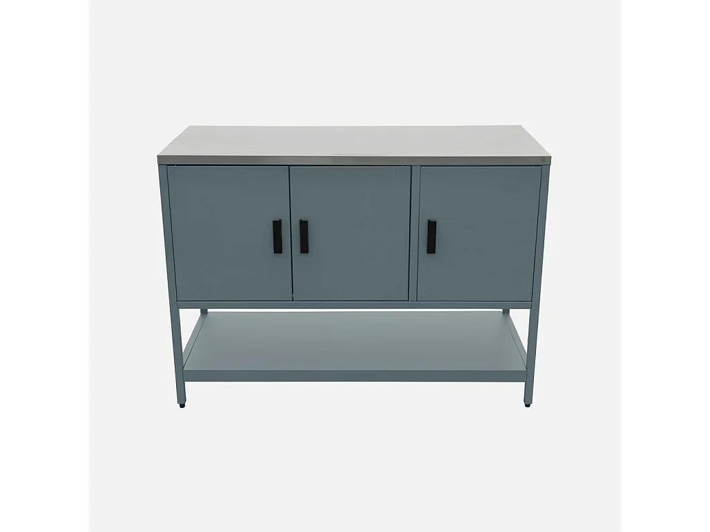 Cuisine d'extérieure en acier bleu gris 3 portes.1 étagère L120cm