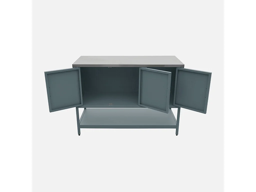 Cuisine d'extérieure en acier bleu gris 3 portes.1 étagère L120cm