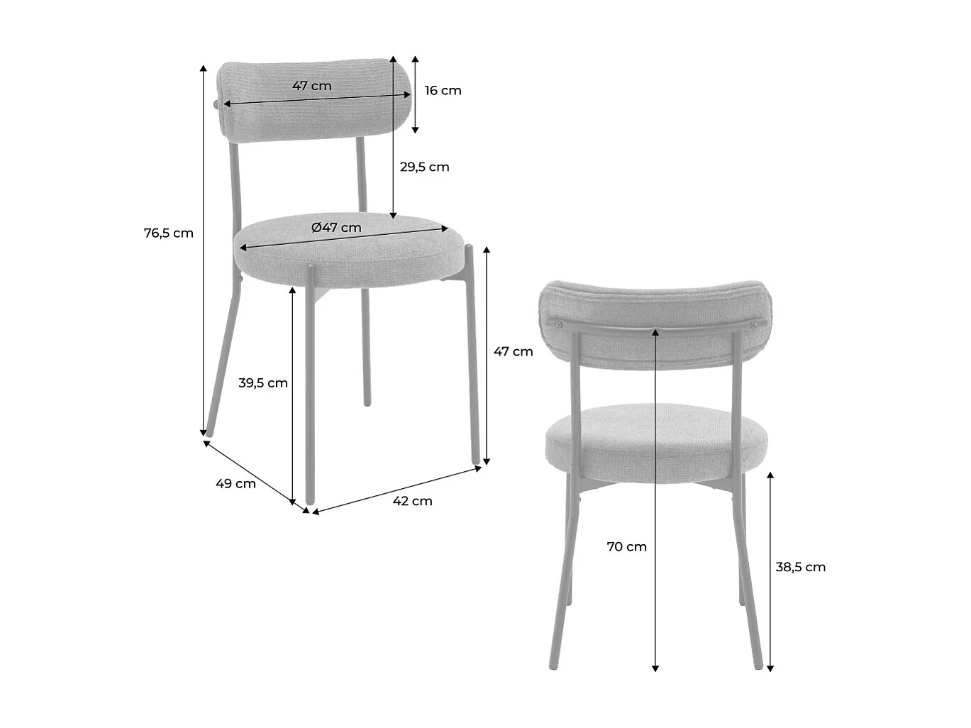 Set di 2 sedie in metallo e tessuto ciniglia, grigio