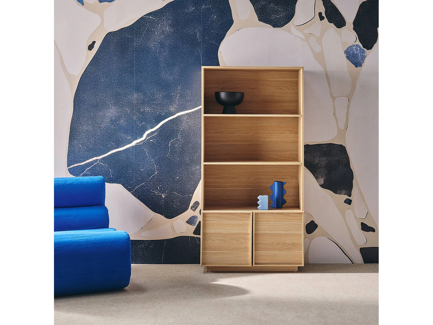 Etagères bibliothèque effet bois naturel 2 portes 5 niveaux - L 80 x P 35 x H 160cm - Kuba
