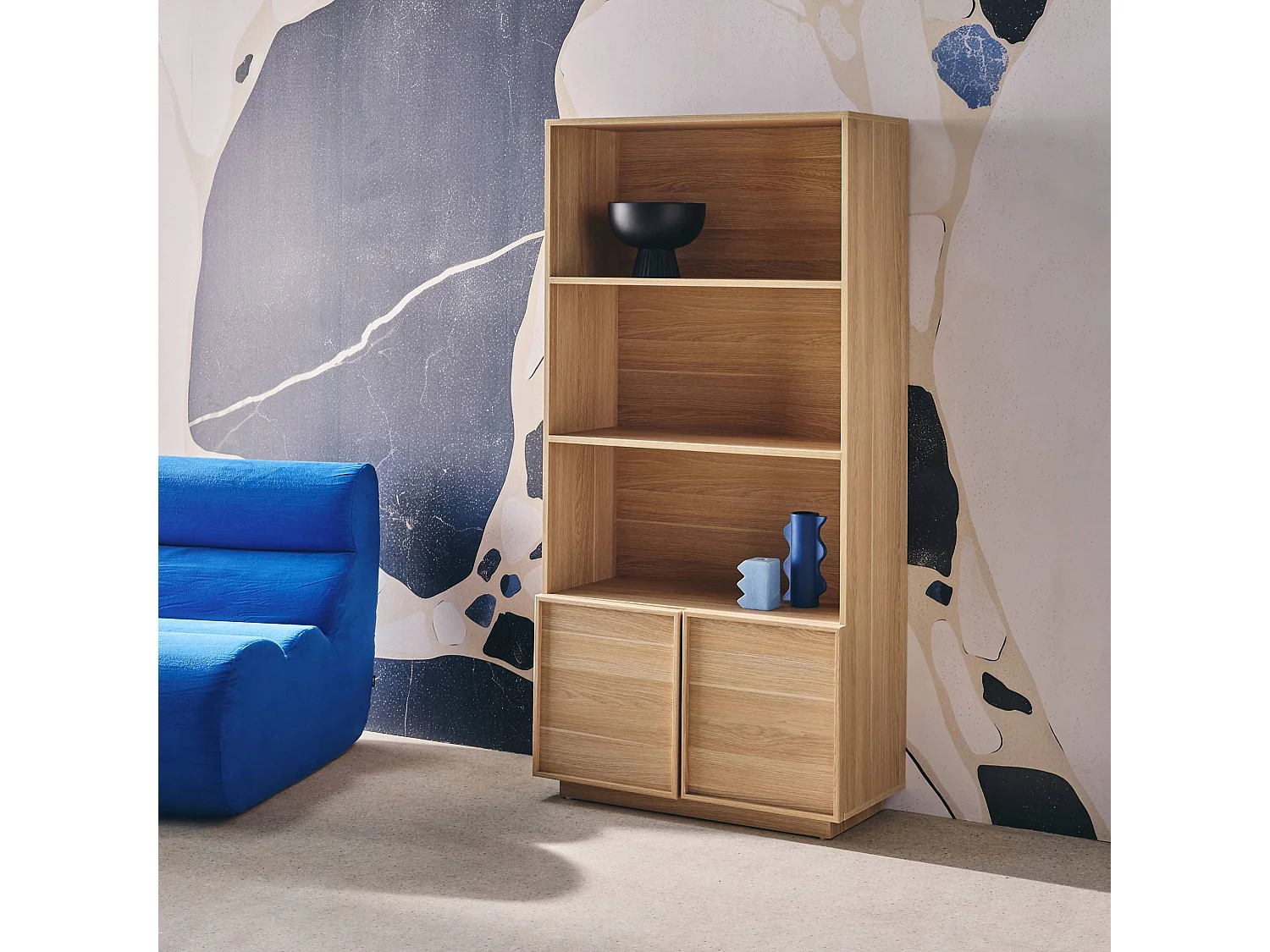 Etagères bibliothèque effet bois naturel 2 portes 5 niveaux - L 80 x P 35 x H 160cm - Kuba