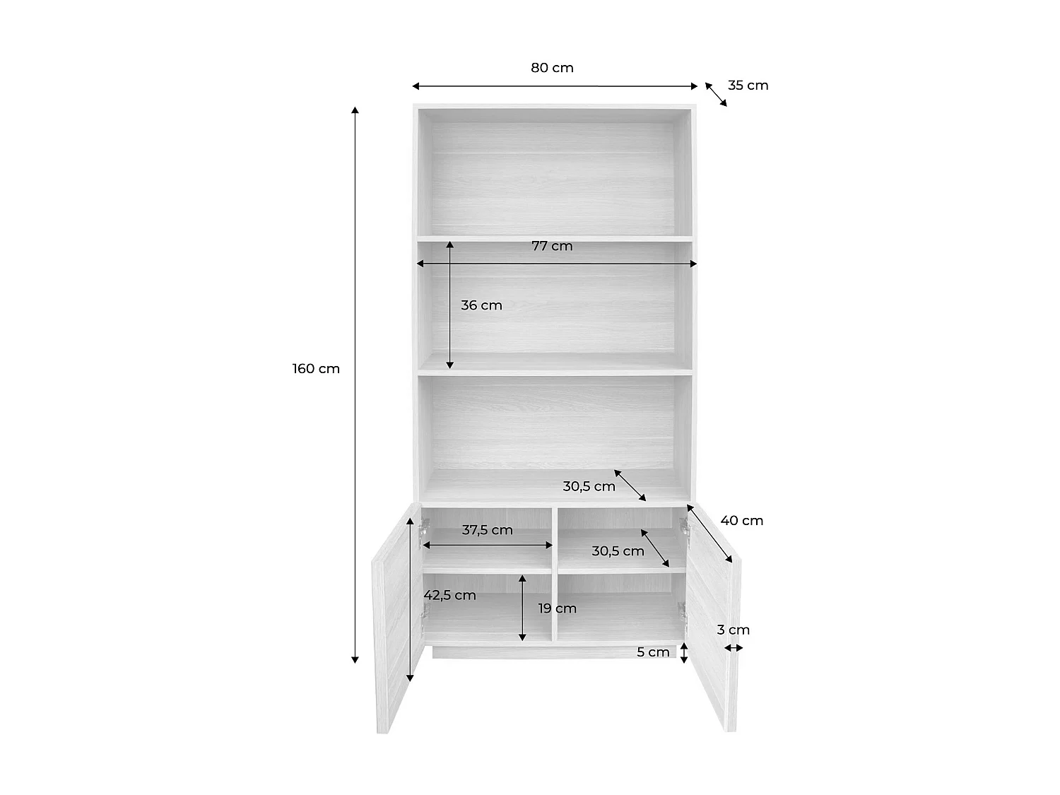 Etagères bibliothèque effet bois naturel 2 portes 5 niveaux - L 80 x P 35 x H 160cm - Kuba