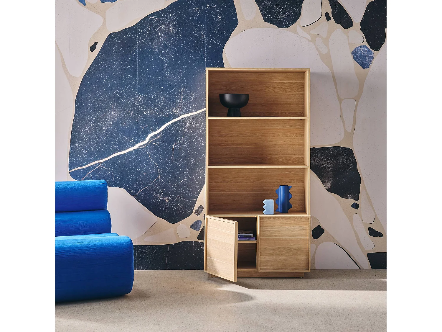 Etagères bibliothèque effet bois naturel 2 portes 5 niveaux - L 80 x P 35 x H 160cm - Kuba