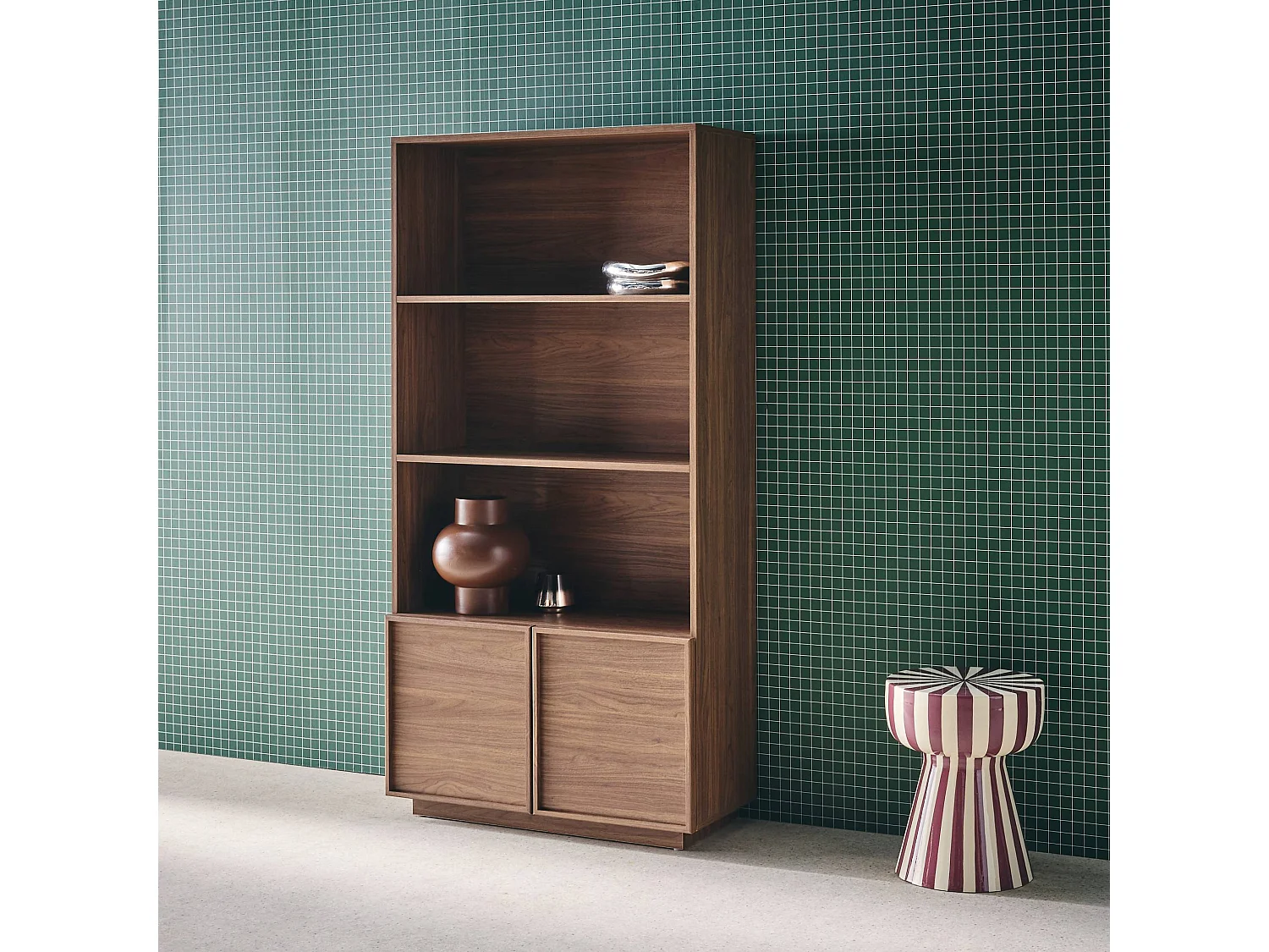 Etagères bibliothèque effet bois noyer 2 portes 5 niveaux - L 80 x P 35 x H 160cm - Kuba