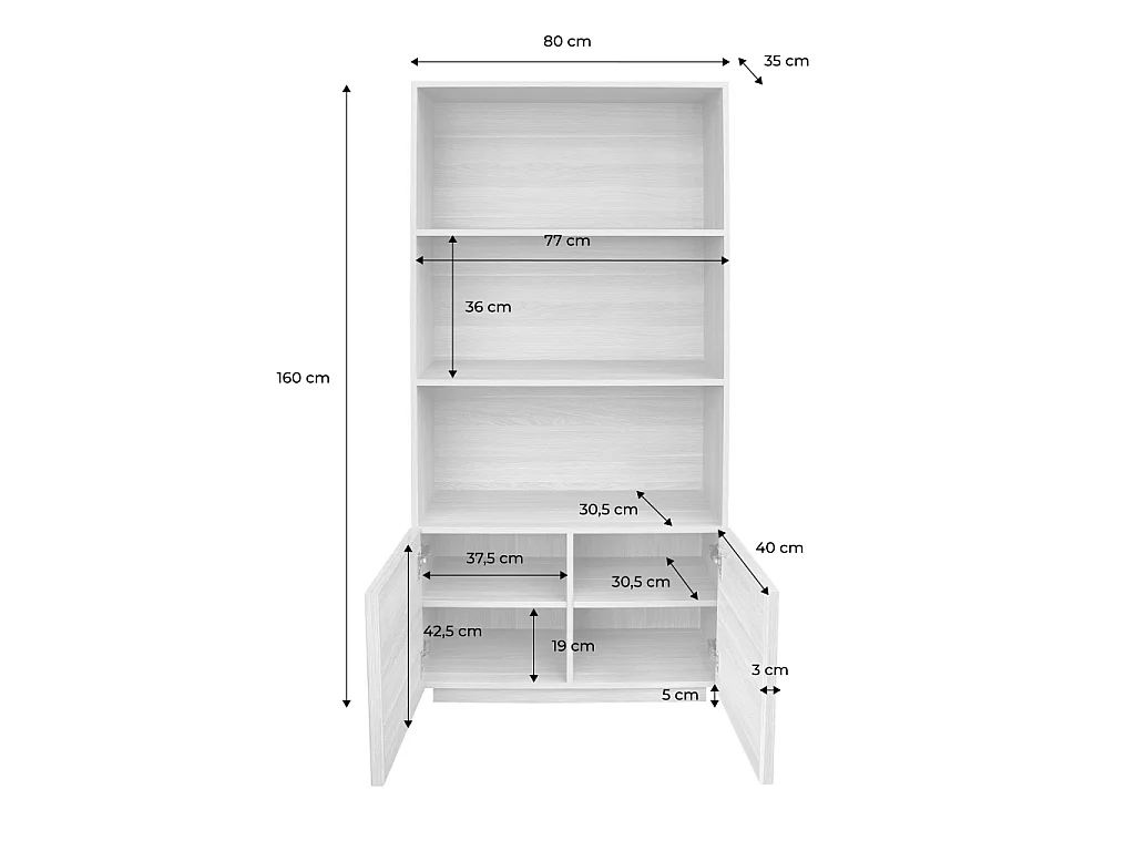 Estantería efecto madera, 5 niveles, 2 puertas, Nogal