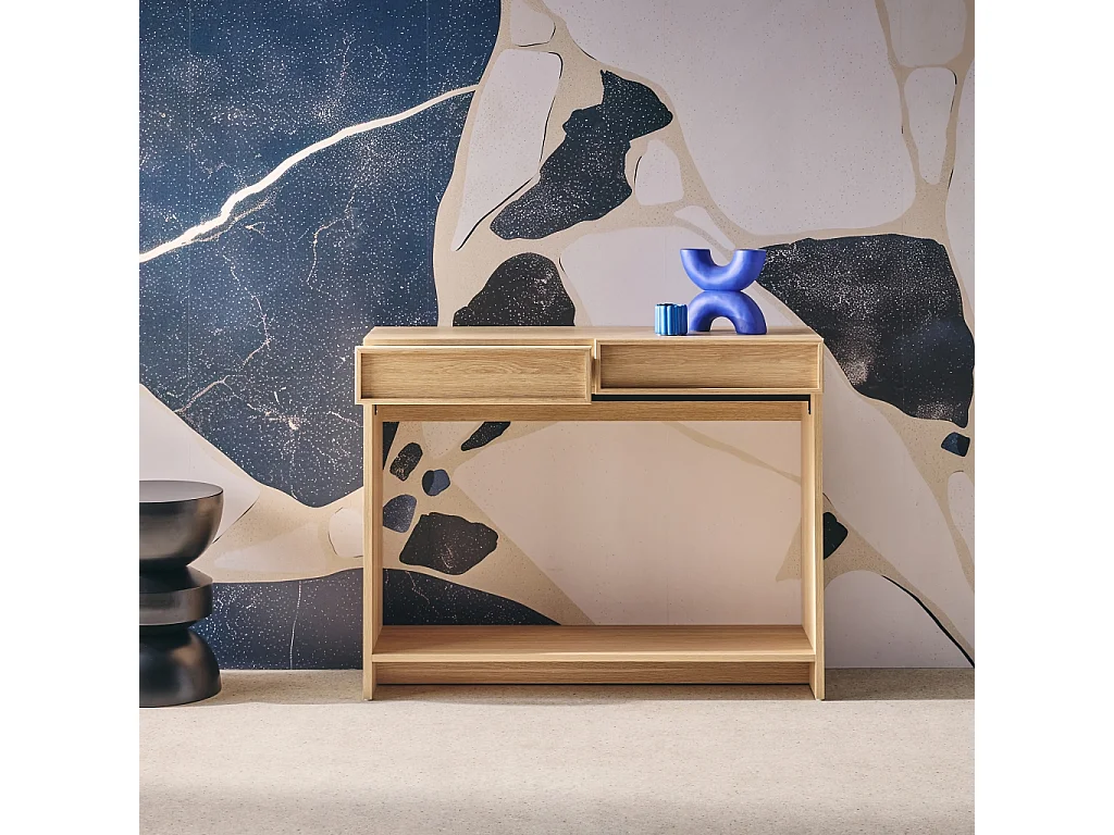 Console effet bois naturel 2 tiroirs et étagère - L 100 x P 33 x H 78cm - Kuba