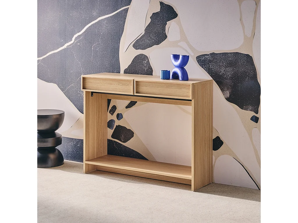 Console effet bois naturel 2 tiroirs et étagère - L 100 x P 33 x H 78cm - Kuba