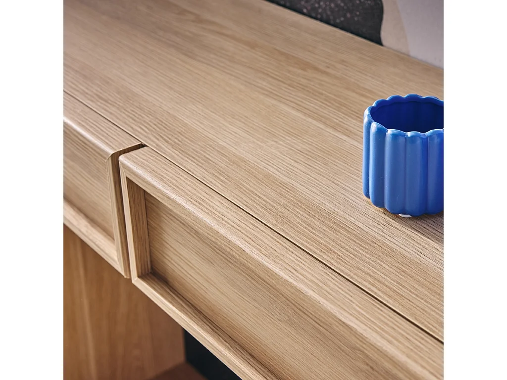 Console effet bois naturel 2 tiroirs et étagère - L 100 x P 33 x H 78cm - Kuba