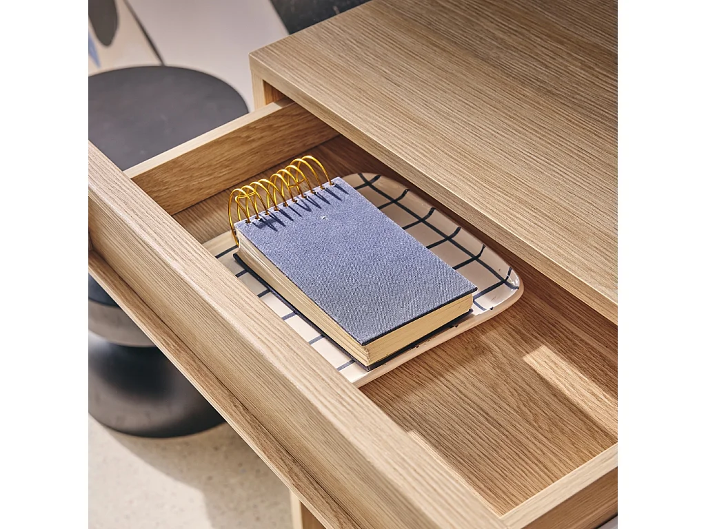 Console effet bois naturel 2 tiroirs et étagère - L 100 x P 33 x H 78cm - Kuba