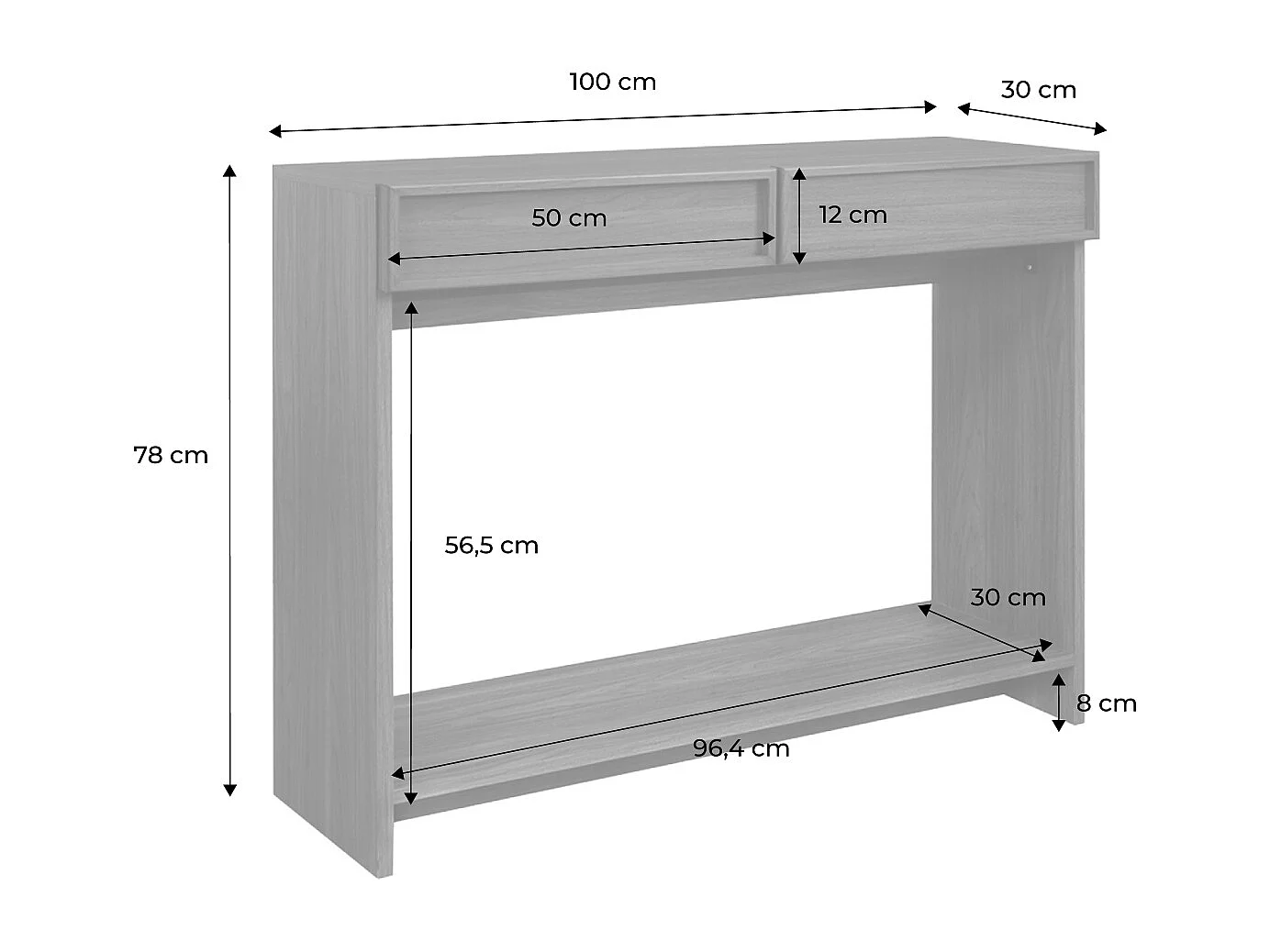 Console effet bois naturel 2 tiroirs et étagère - L 100 x P 33 x H 78cm - Kuba