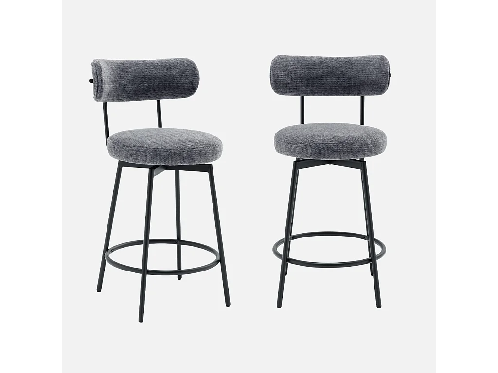 Lot de deux tabourets de bar assise rotative métal noir et tissu gris - L 50 x P 50 x H 92cm - Iris