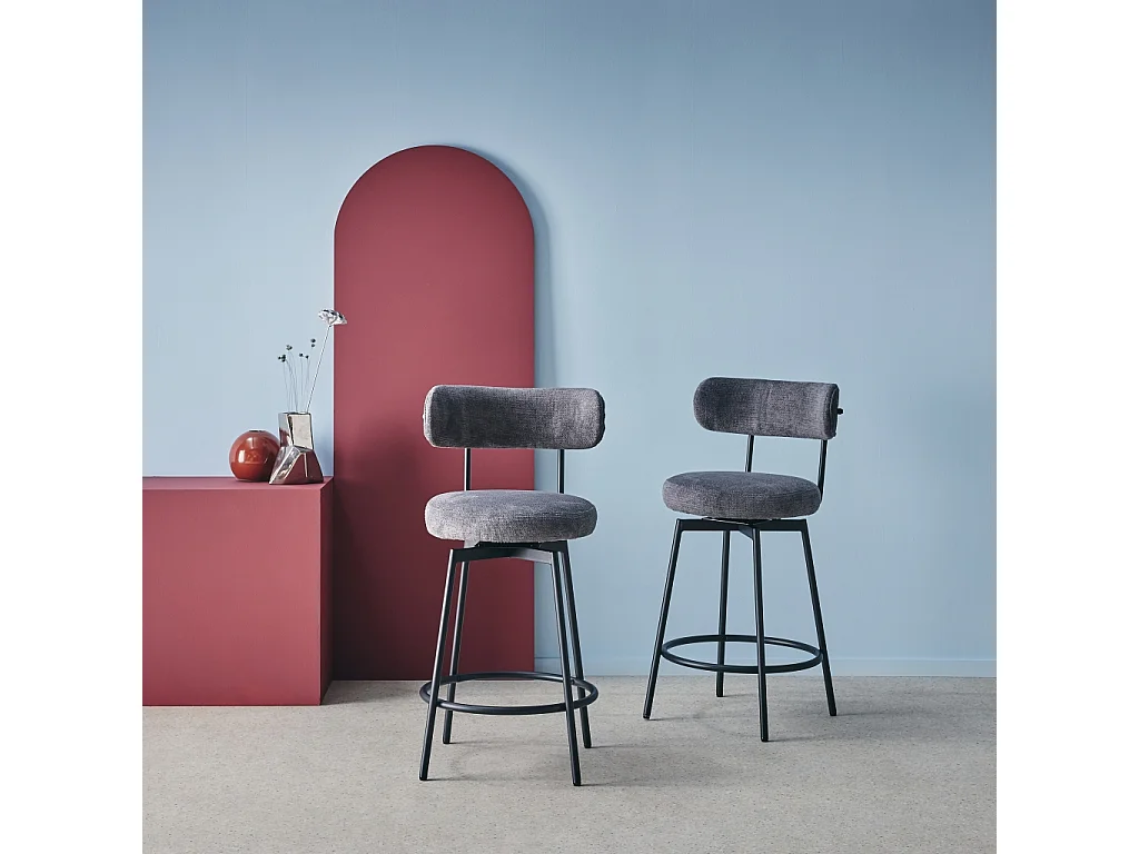 Lot de deux tabourets de bar assise rotative métal noir et tissu gris - L 50 x P 50 x H 92cm - Iris