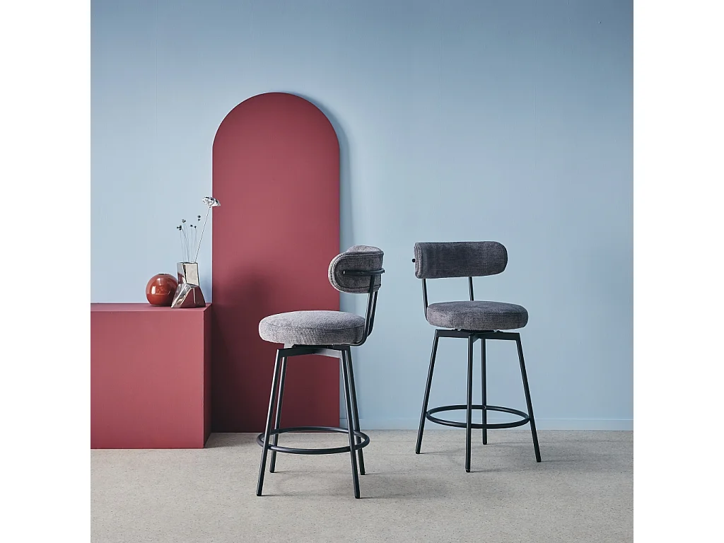 Lot de deux tabourets de bar assise rotative métal noir et tissu gris - L 50 x P 50 x H 92cm - Iris