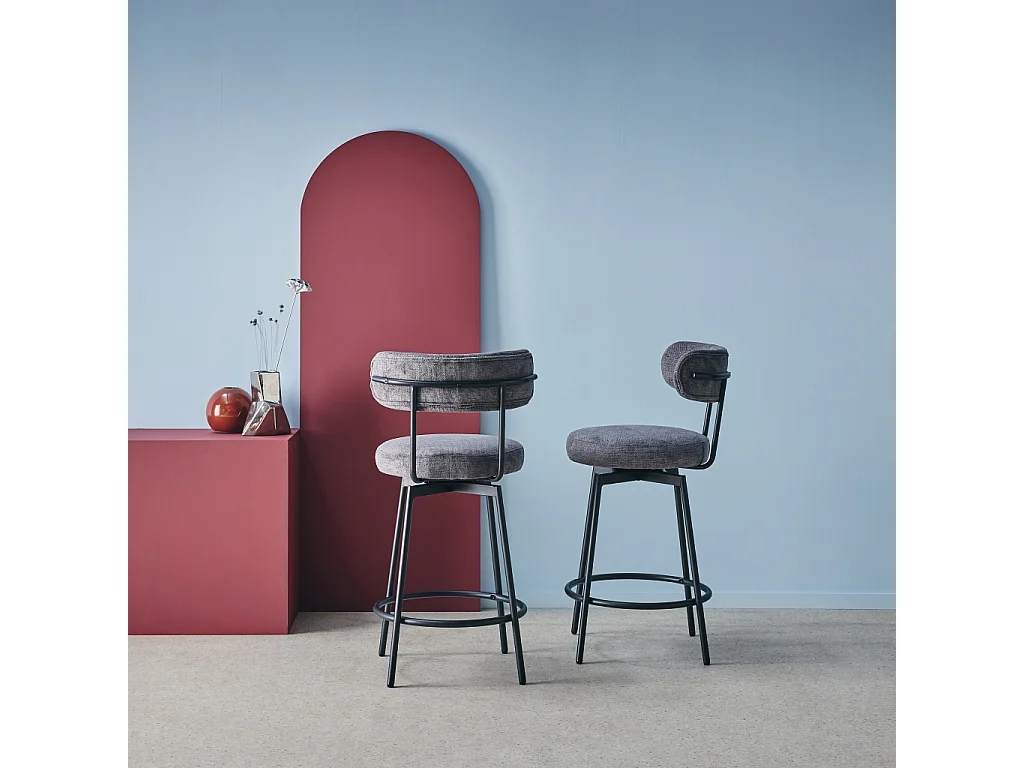 Lot de deux tabourets de bar assise rotative métal noir et tissu gris - L 50 x P 50 x H 92cm - Iris