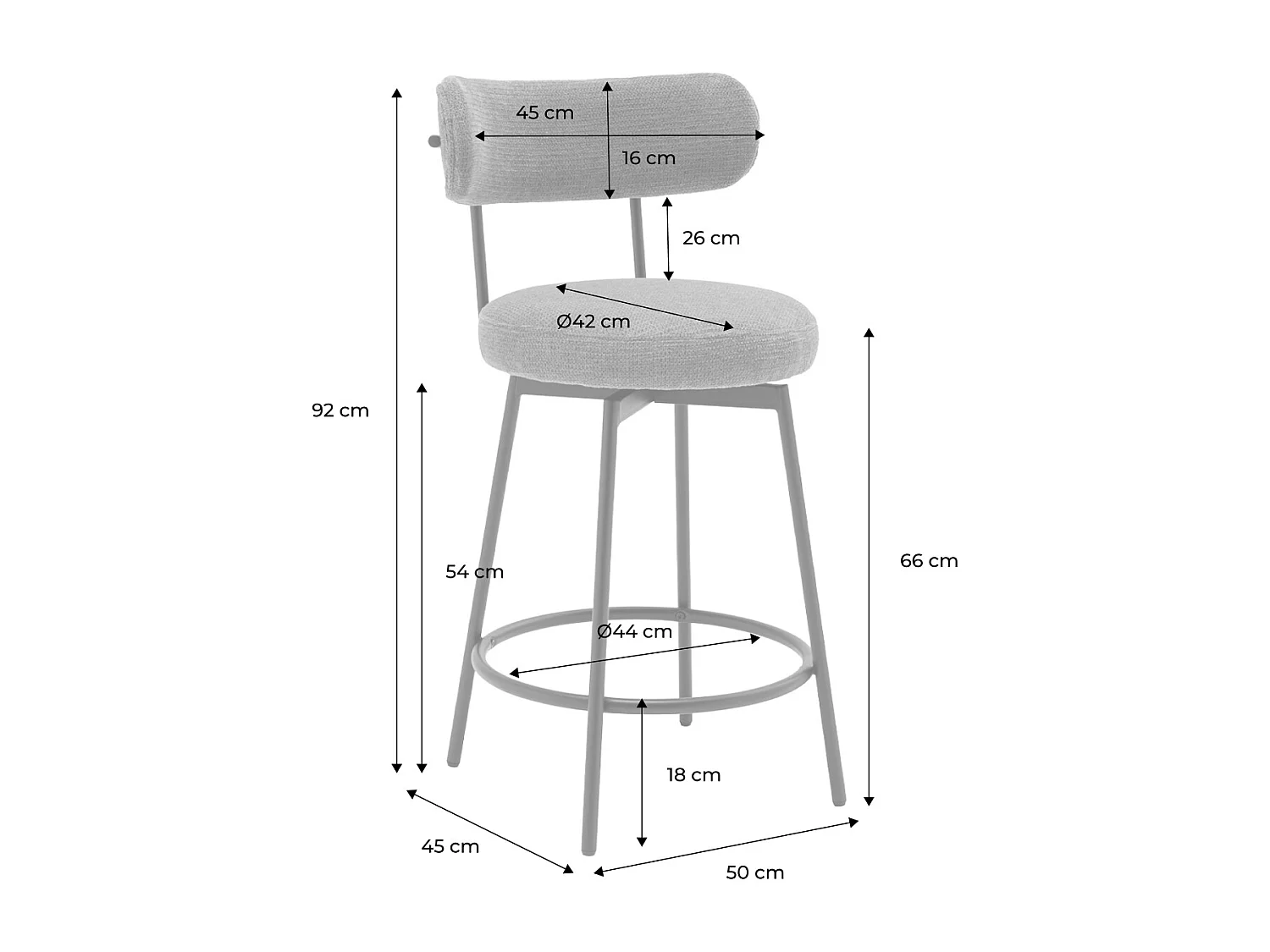 Lot de deux tabourets de bar assise rotative métal noir et tissu gris - L 50 x P 50 x H 92cm - Iris