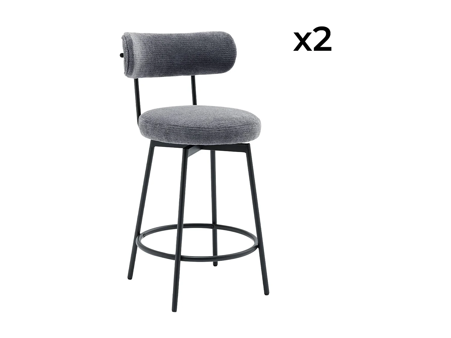 Lot de deux tabourets de bar assise rotative métal noir et tissu gris - L 50 x P 50 x H 92cm - Iris