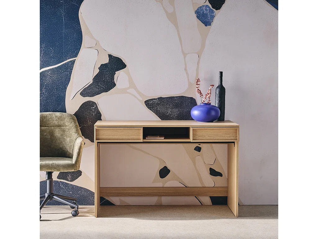 Bureau effet bois naturel 2 tiroirs 1 niche 120cm - L 120 x P 55 x H 77cm - Kuba