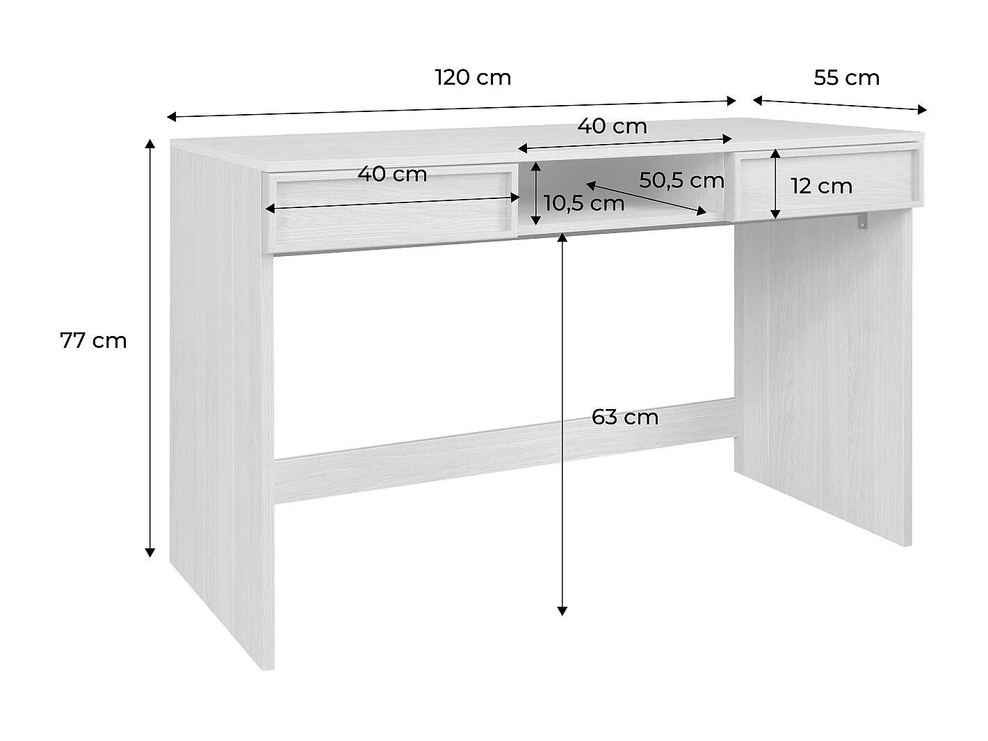 Bureau effet bois naturel 2 tiroirs 1 niche 120cm - L 120 x P 55 x H 77cm - Kuba