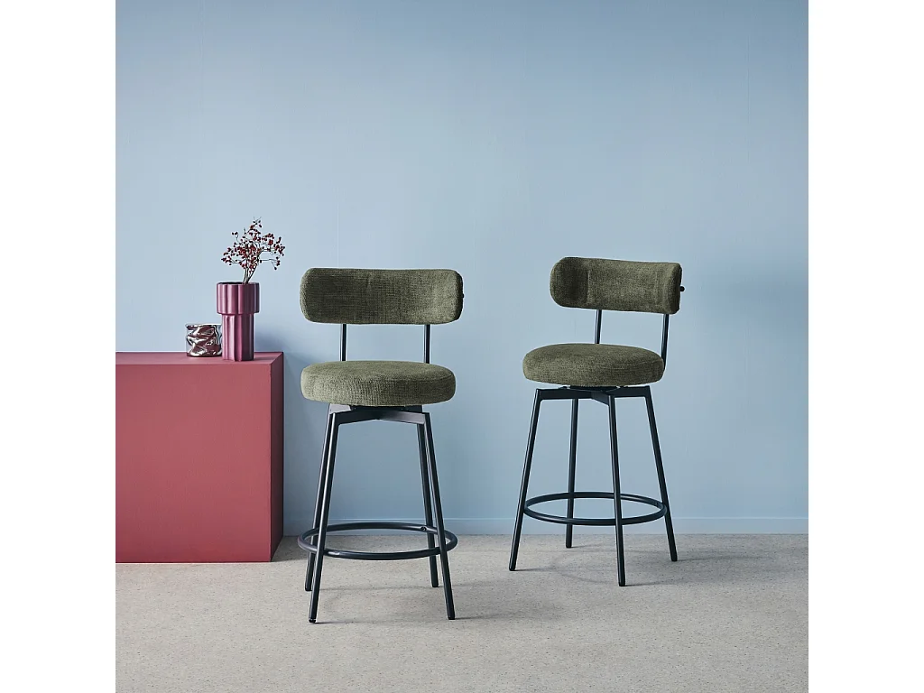 Taburete de bar asiento giratorio metal y tela simple, set de 2 verde