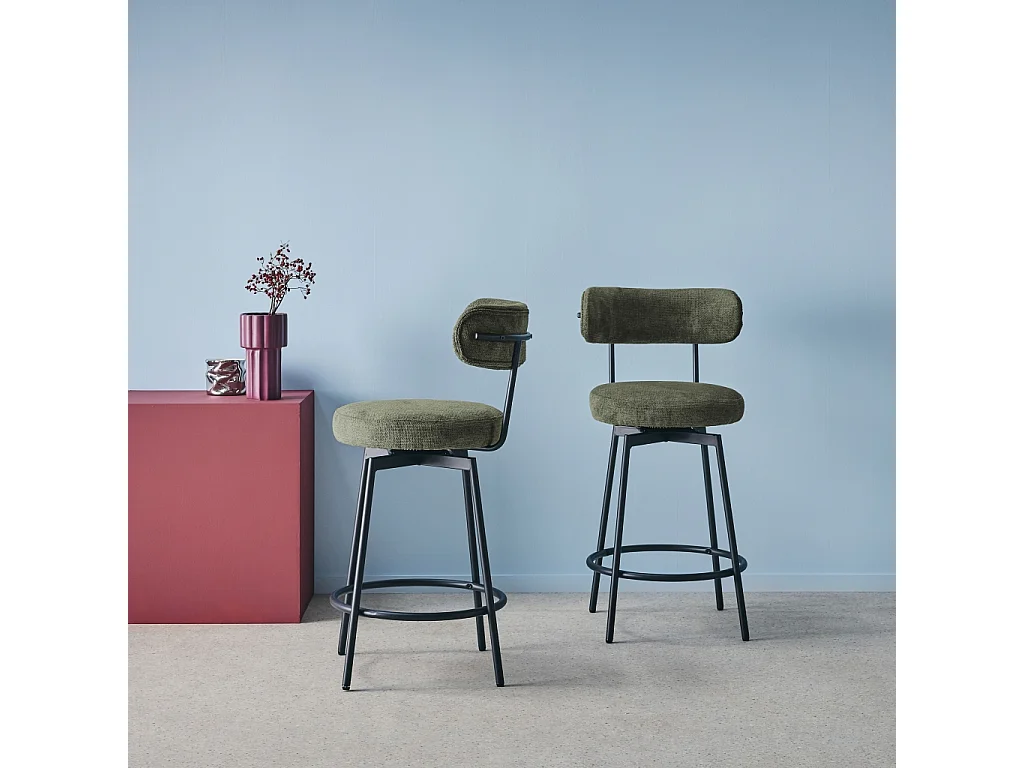 Taburete de bar asiento giratorio metal y tela simple, set de 2 verde