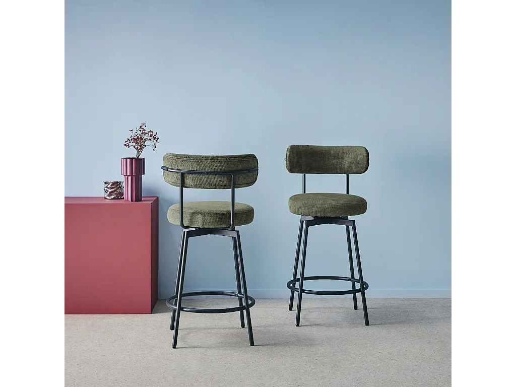 Taburete de bar asiento giratorio metal y tela simple, set de 2 verde