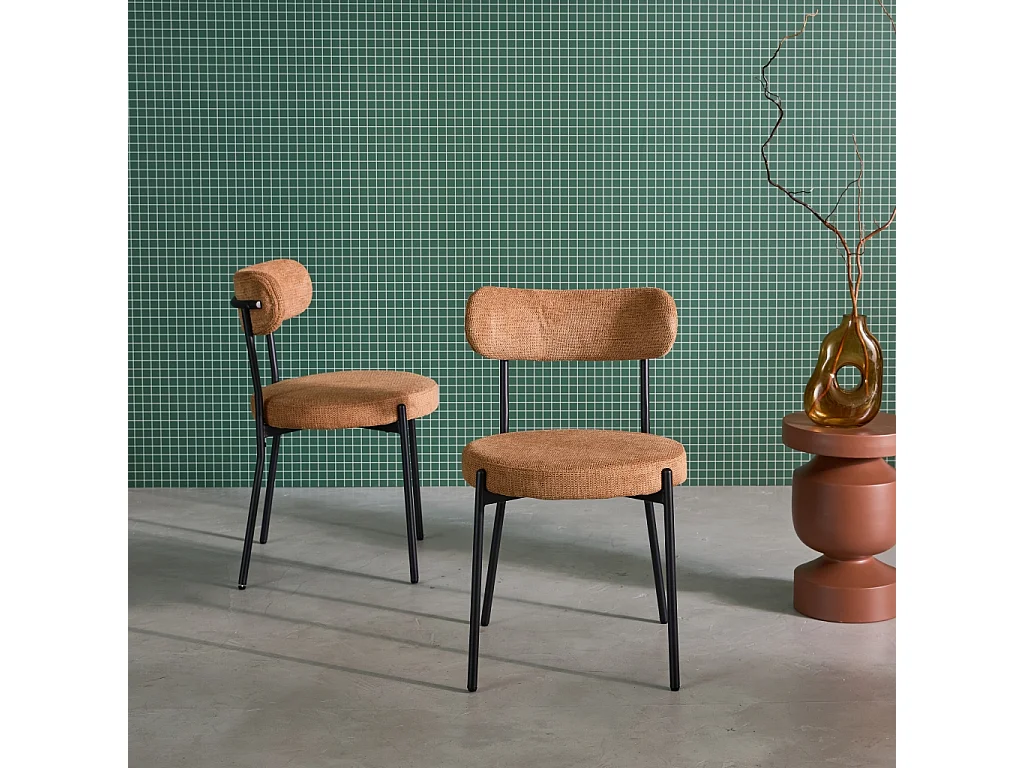 Set di 2 sedie in metallo e tessuto ciniglia, camel