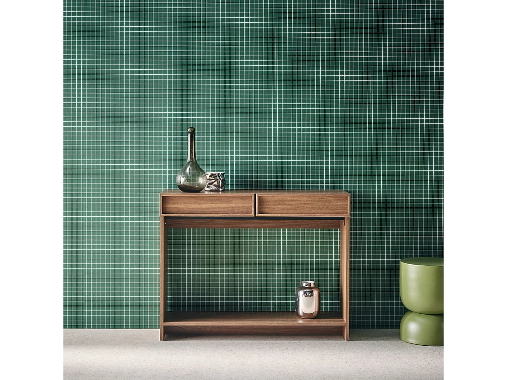 Console effet bois noyer 2 tiroirs et étagère - L 100 x P 33 x H 78cm - Kuba