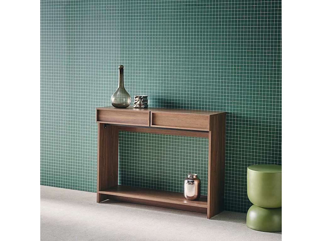 Console effet bois noyer 2 tiroirs et étagère - L 100 x P 33 x H 78cm - Kuba