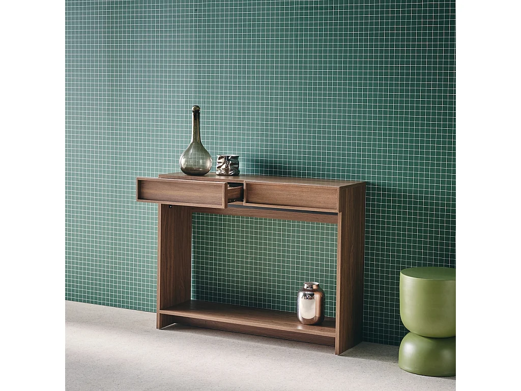 Console effet bois noyer 2 tiroirs et étagère - L 100 x P 33 x H 78cm - Kuba