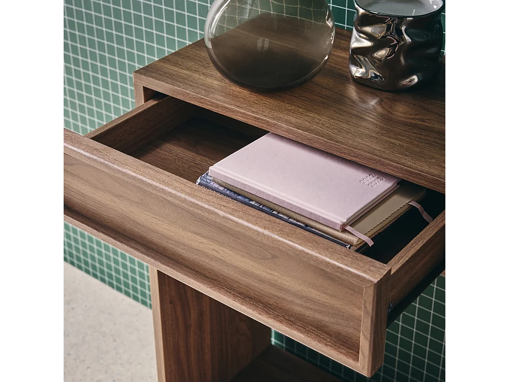 Console effet bois noyer 2 tiroirs et étagère - L 100 x P 33 x H 78cm - Kuba