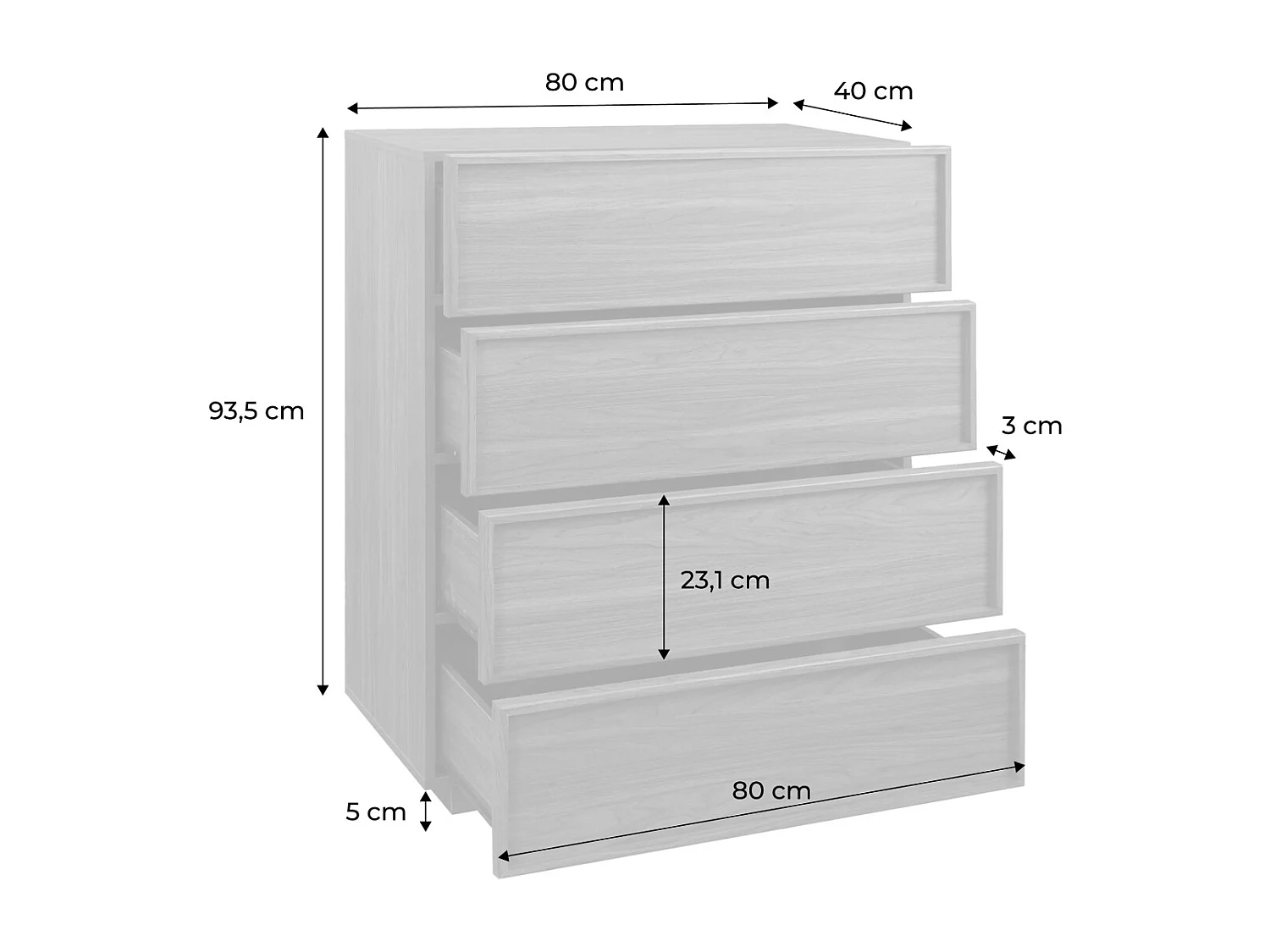 Cassettiera effetto legno 4 cassetti, noce
