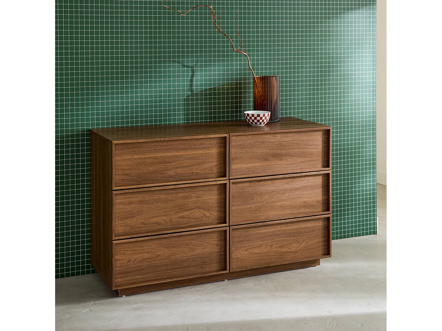 Commode de rangement effet bois 6 tiroirs noyer L 120 x P 43 x H 75cm - Kuba