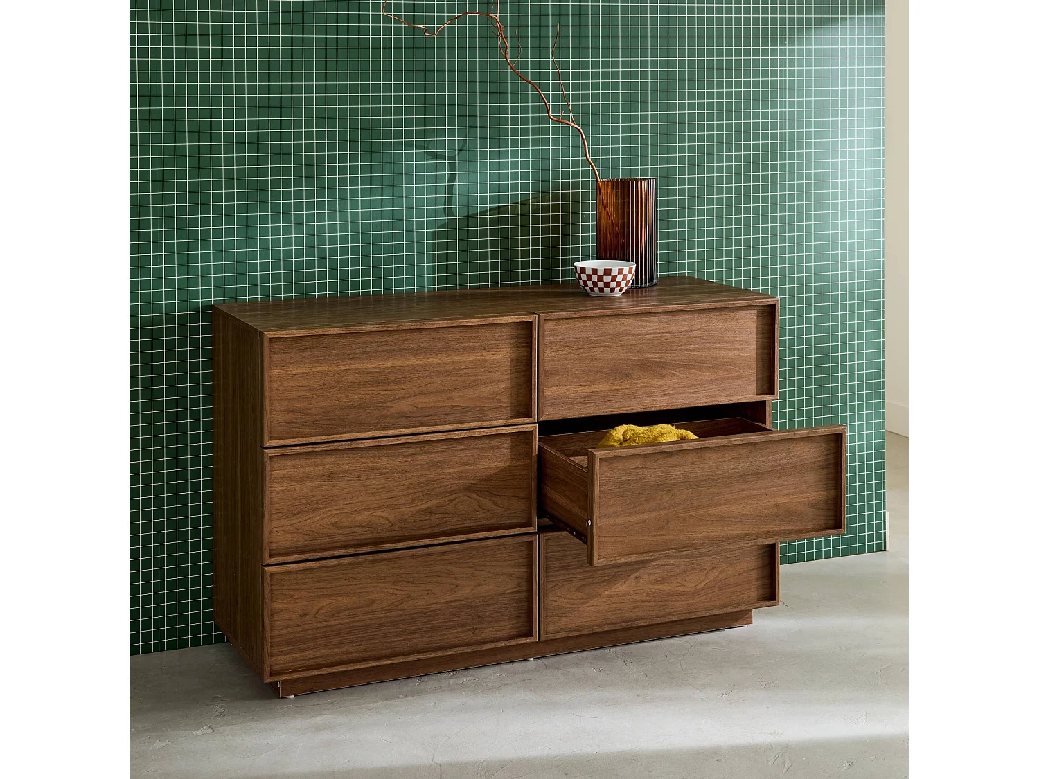 Commode de rangement effet bois 6 tiroirs noyer L 120 x P 43 x H 75cm - Kuba