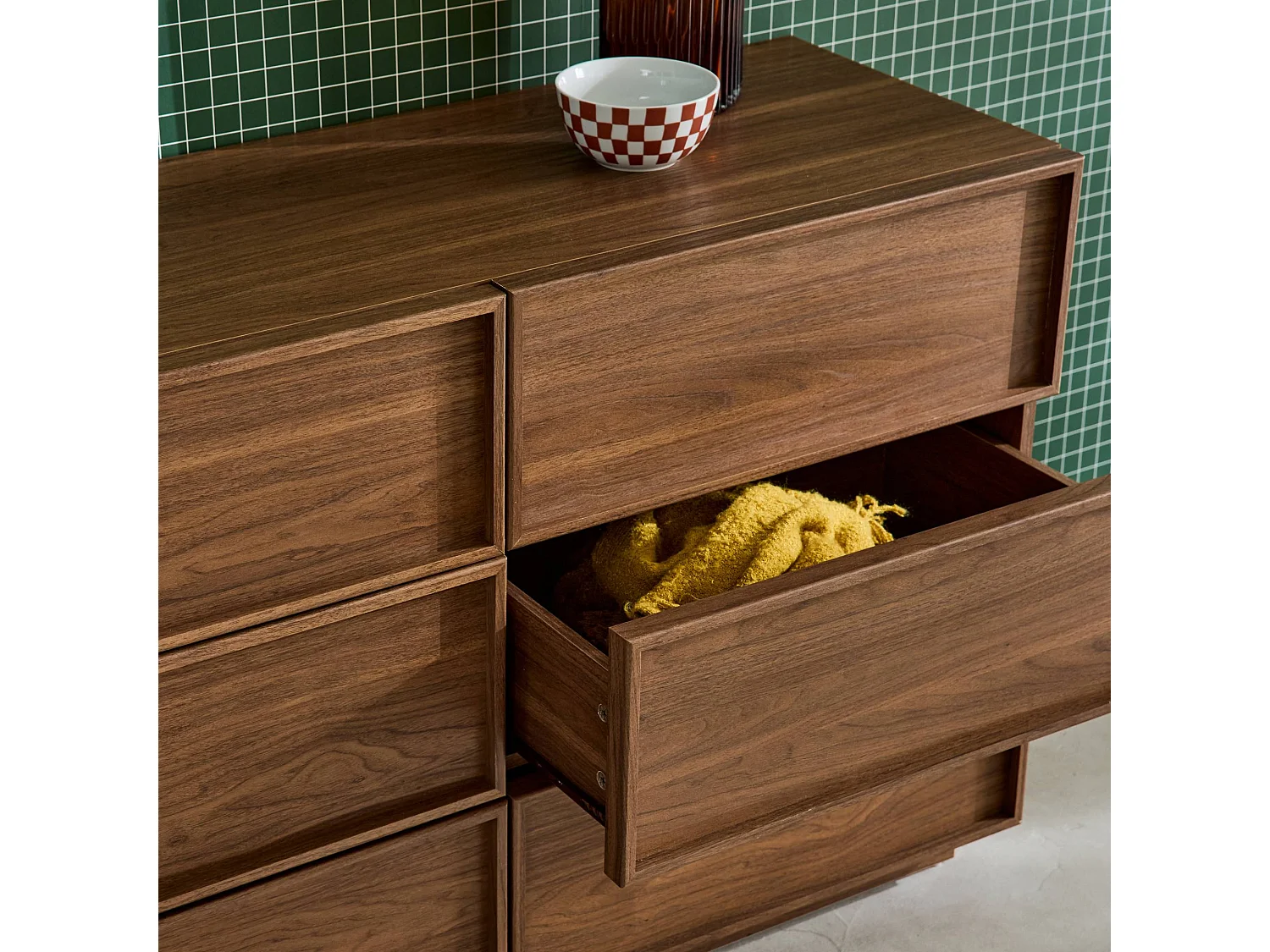 Commode de rangement effet bois 6 tiroirs noyer L 120 x P 43 x H 75cm - Kuba