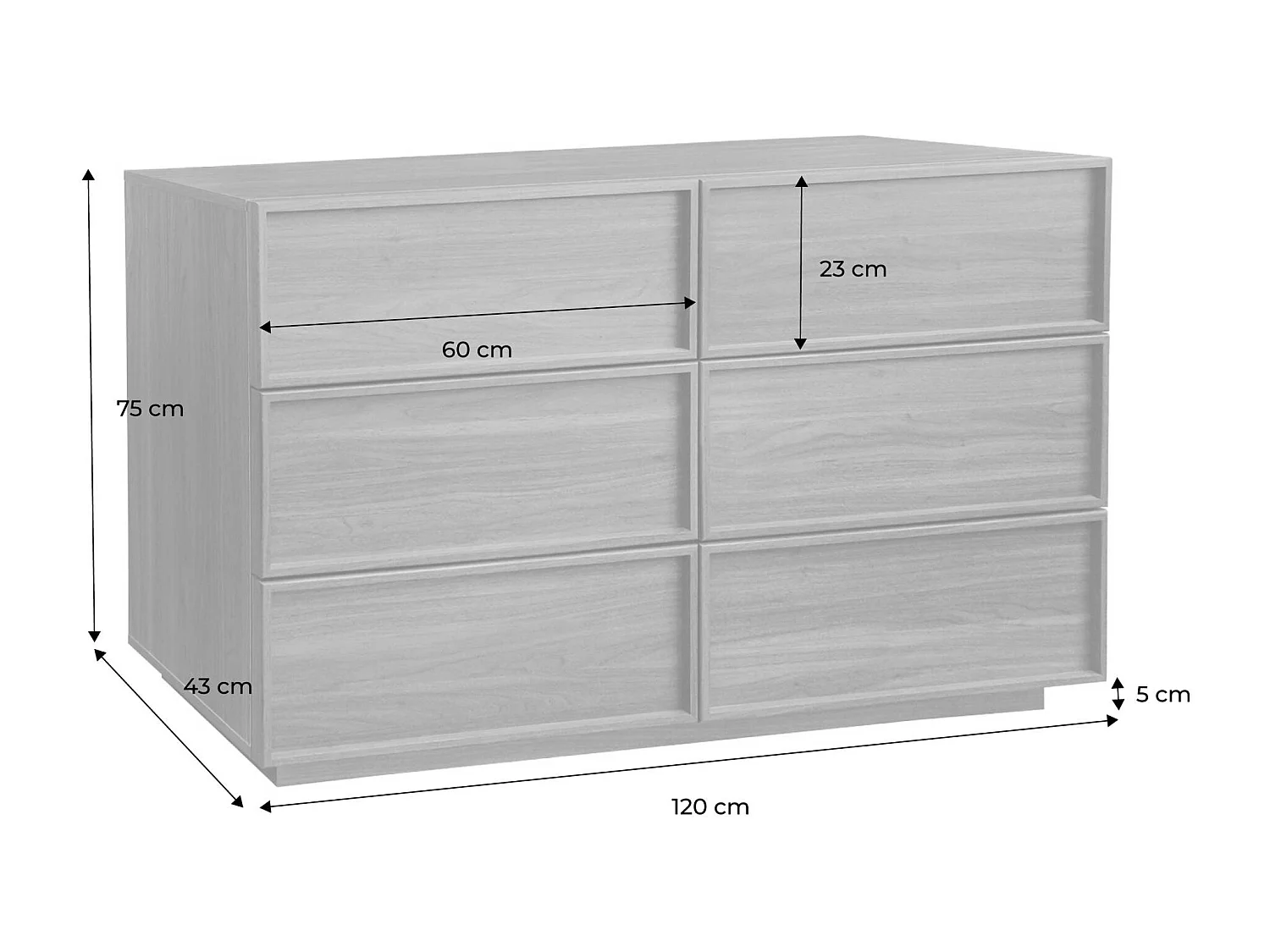 Commode de rangement effet bois 6 tiroirs noyer L 120 x P 43 x H 75cm - Kuba