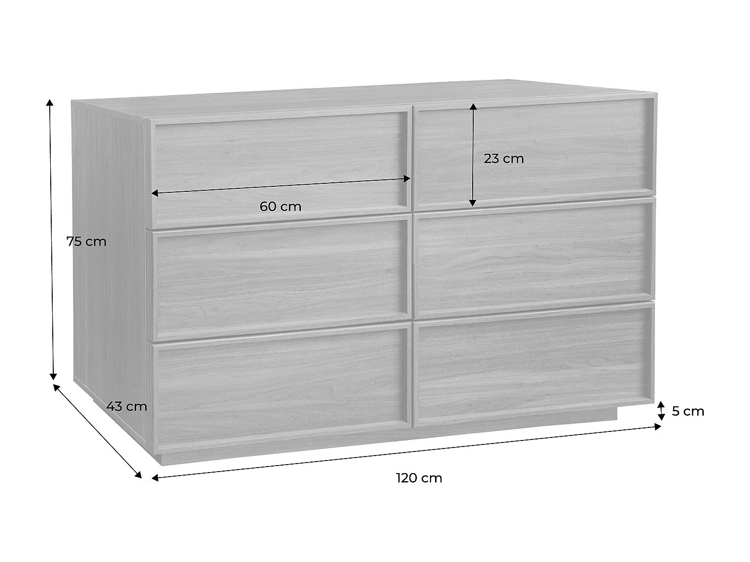 Commode de rangement effet bois 6 tiroirs noyer L 120 x P 43 x H 75cm - Kuba