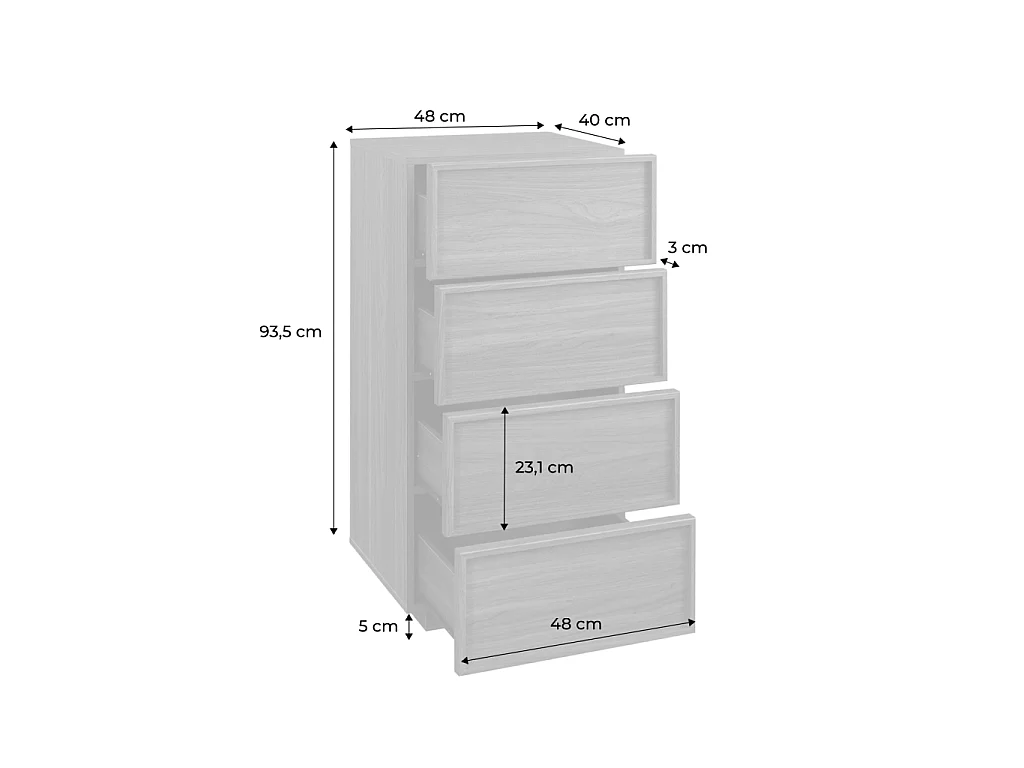 Cassettiera alta con 4 cassetti effetto legno, noce