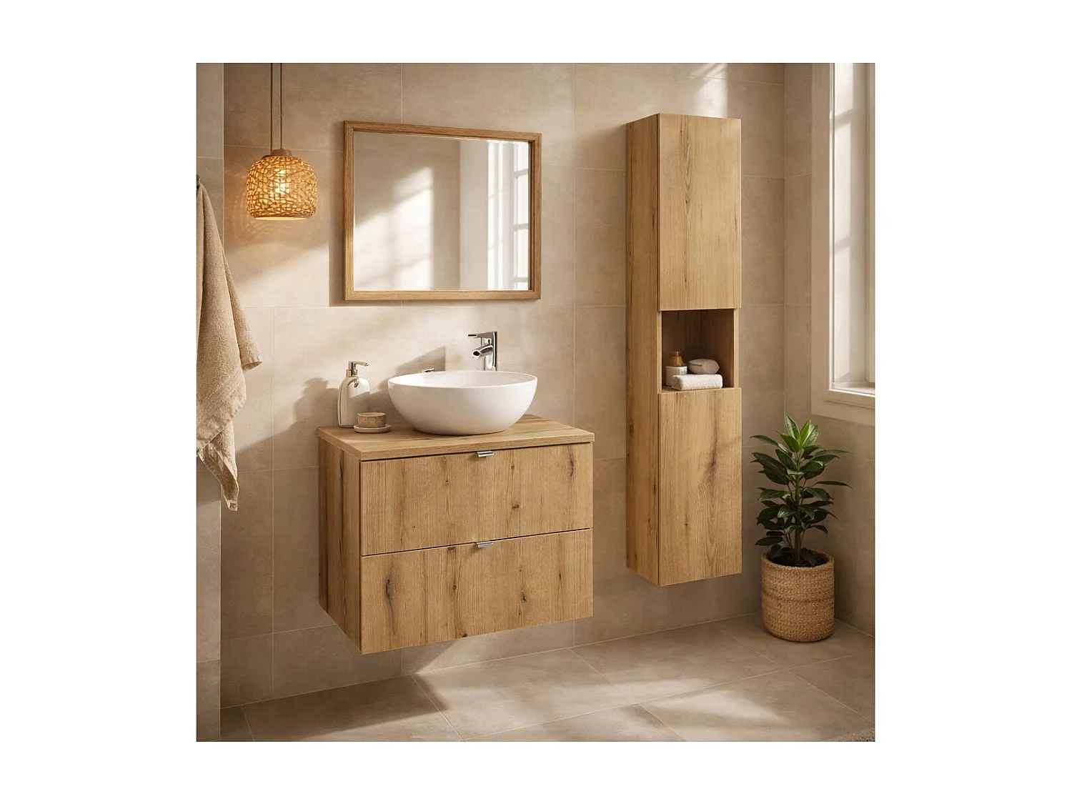 Ensemble de salle de bain suspendu VANO aspect chêne 110cm : meubles sous vasque à tiroirs + plan pour vasque + colonne