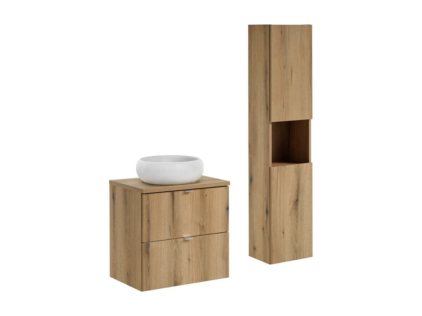 Ensemble VANO aspect chêne 90cm : meuble sous vasque à tiroirs + plan pour vasque + vasque à poser ronde blanche + colonne